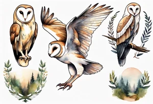 a barn owl with the legs of a stork walking a forest path tattoo idea