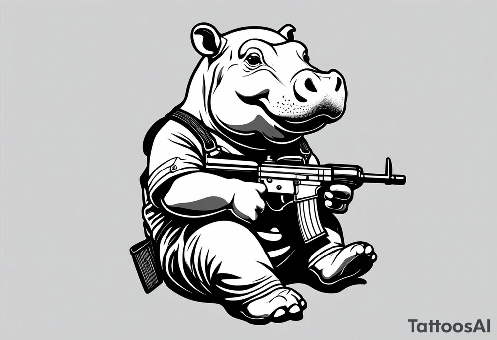 Baby hippo wearing overalls and holding a pistol tattoo idea