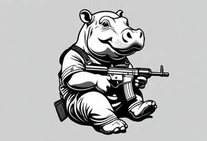 Baby hippo wearing overalls and holding a pistol tattoo idea