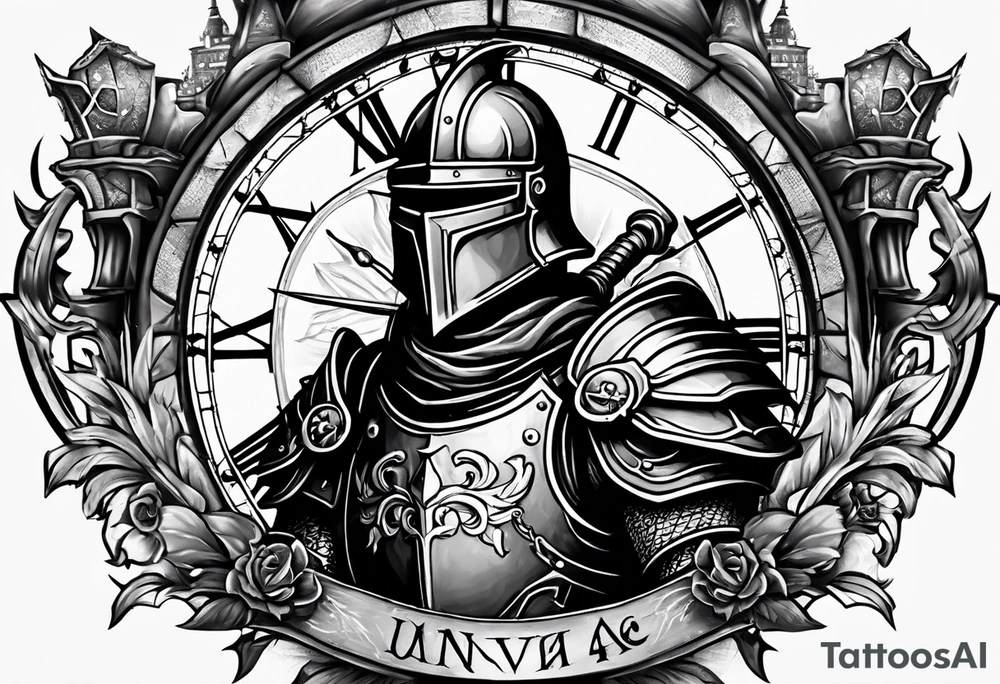 knight with heavy armor with clock and castle tattoo idea knight with heavy armor with clock and castle tattoo idea