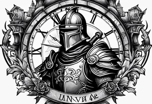 knight with heavy armor with clock and castle tattoo idea