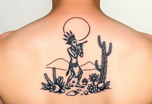 tribal Kokopelli playing flute in desert scene in front of a cactus with sun in the air tattoo idea