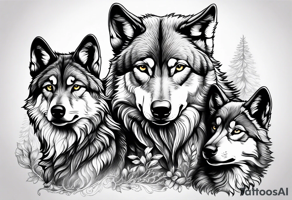 Wolf parents with 3 pups tattoo idea