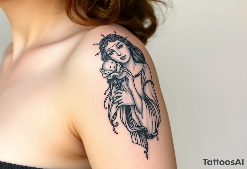 Florence from Florence and the machine as a saint in an art nouveau  style similar to her dance fever album cover art tattoo idea