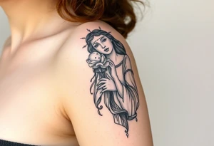 Florence from Florence and the machine as a saint in an art nouveau  style similar to her dance fever album cover art tattoo idea