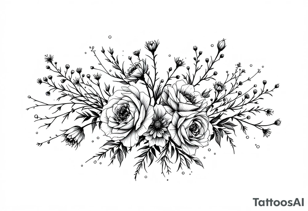 vintage bouquet of wild roses and meadow flowers with morning dew tattoo idea