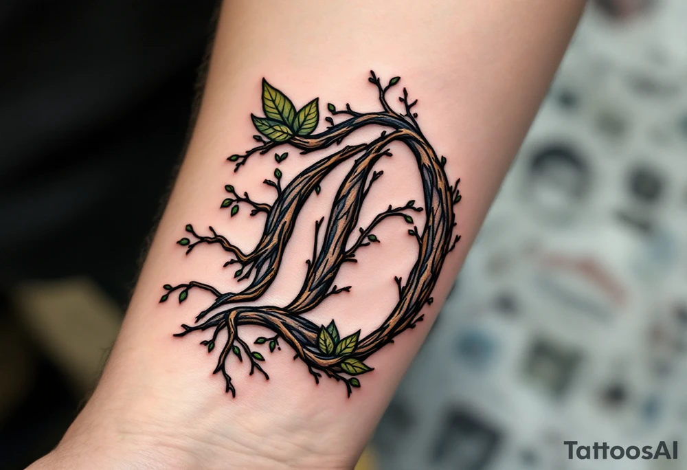 Woodland D – A naturalistic D formed from twisting wood branches, with tiny green leaves and bark texture. tattoo idea