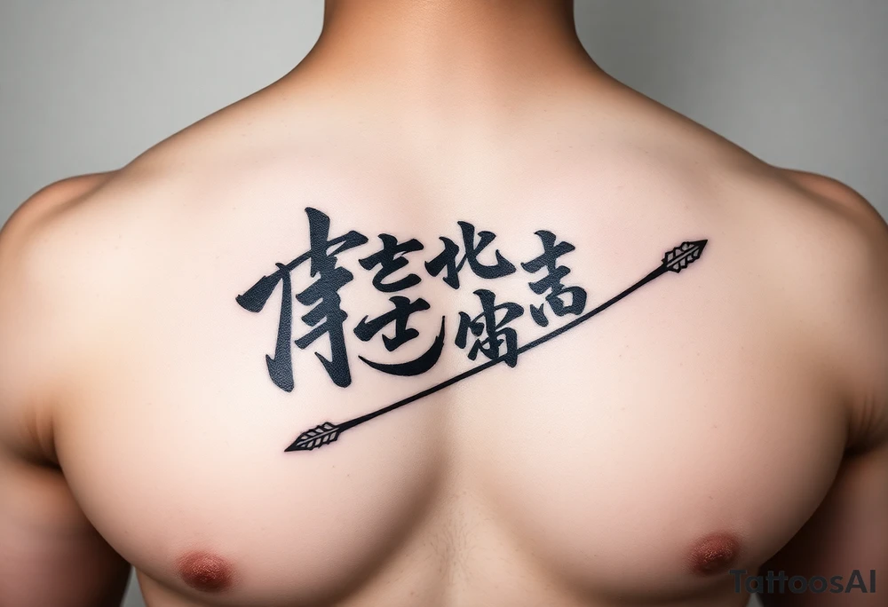 japanese writing with bow and arrow on right chest tattoo idea