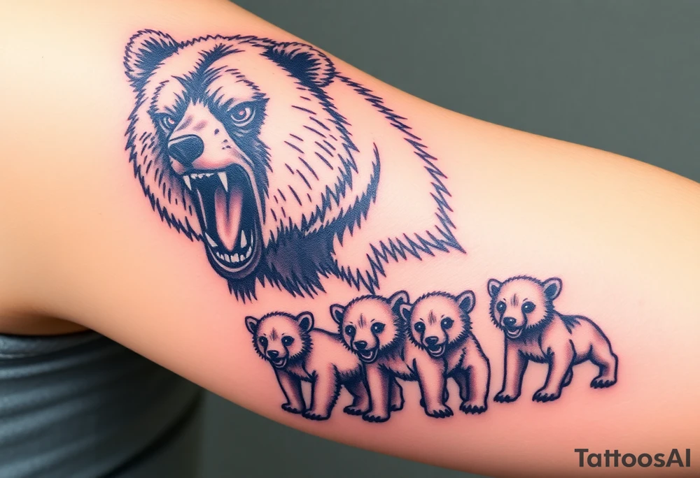 A detailed grizzly bear fiercely growling, as if the face was coming out of the shoulder facing outward with detailed brown eyes standing over 4 cubs,  3 girls and a boy. Make one arm swiping with claw marks tattoo idea