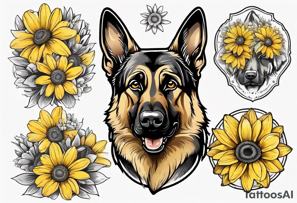German shepherd portrait surrounded by yellow daisies tattoo idea