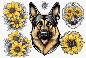 German shepherd portrait surrounded by yellow daisies tattoo idea