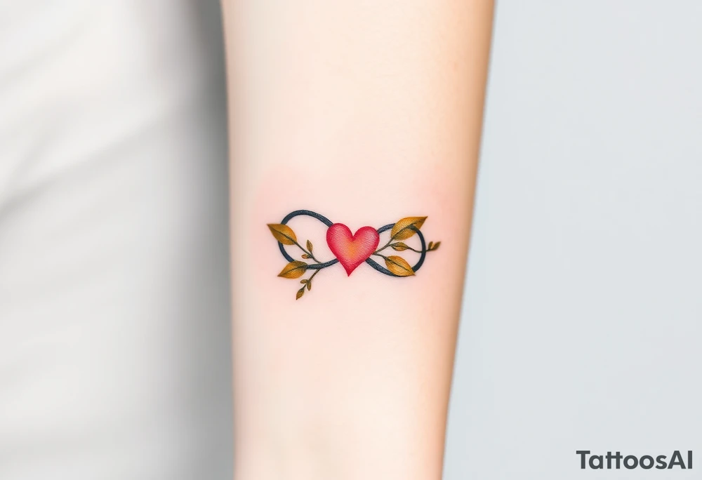 A infinity symbol adorned with golden leaves and a tiny red heart tattoo idea