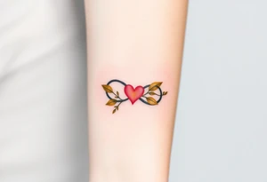 A infinity symbol adorned with golden leaves and a tiny red heart tattoo idea