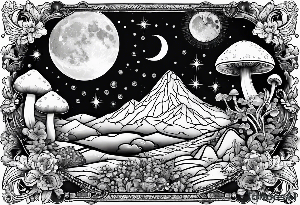 moon with crystals, mushrooms tattoo idea