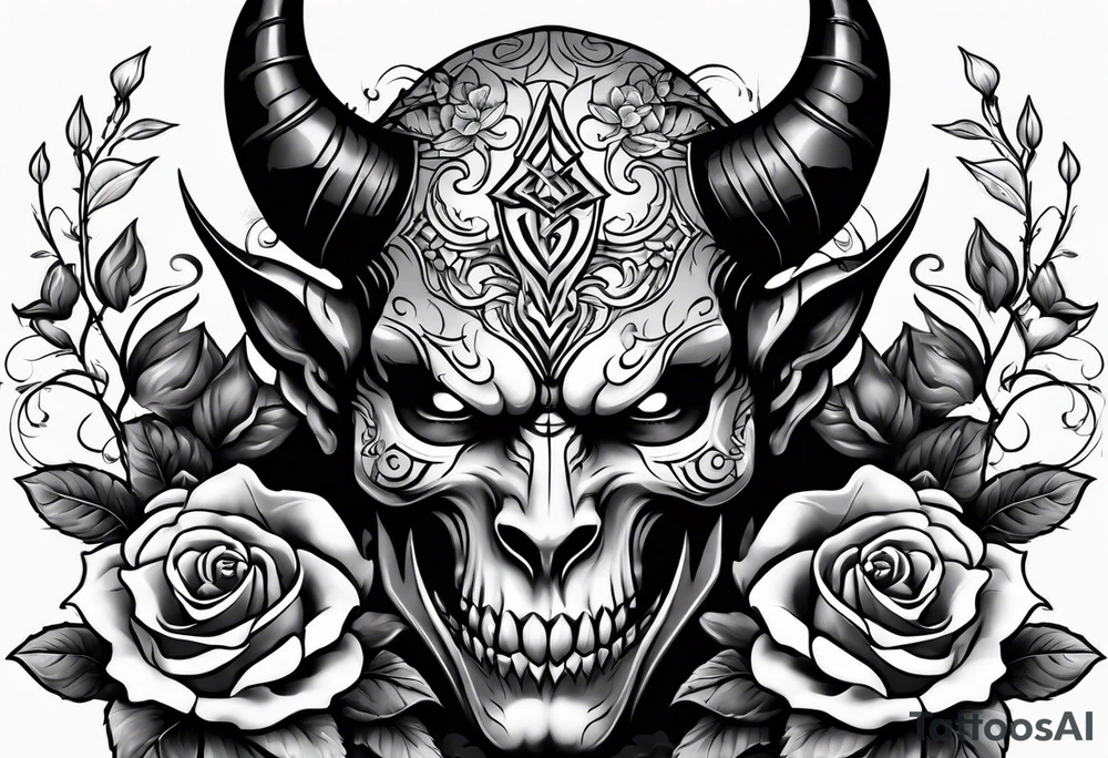 devil with roses and skull tattoo idea
