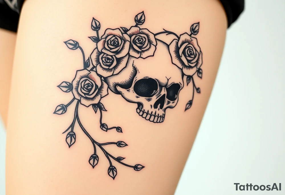 gothic skull intertwined with climbing roses and thorny vines tattoo idea