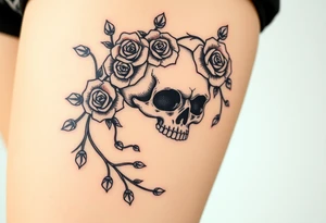 gothic skull intertwined with climbing roses and thorny vines tattoo idea