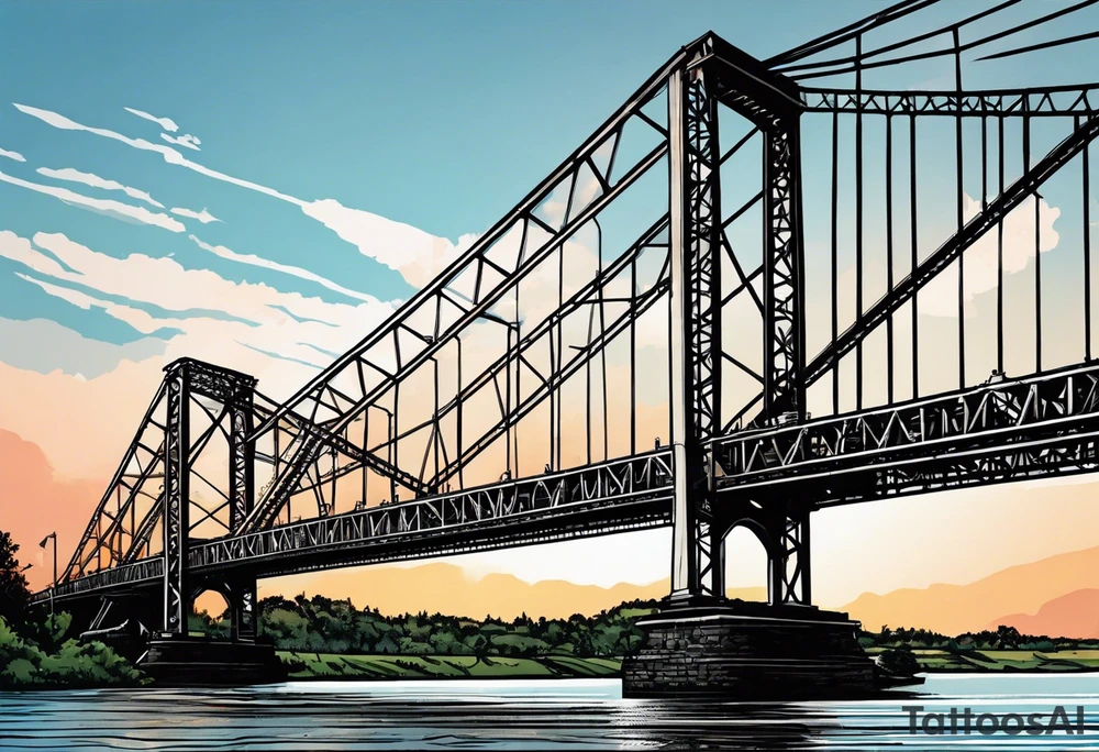simple line art, view from under steel truss cantilever bridge tattoo idea