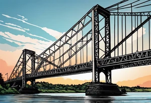 simple line art, view from under steel truss cantilever bridge tattoo idea