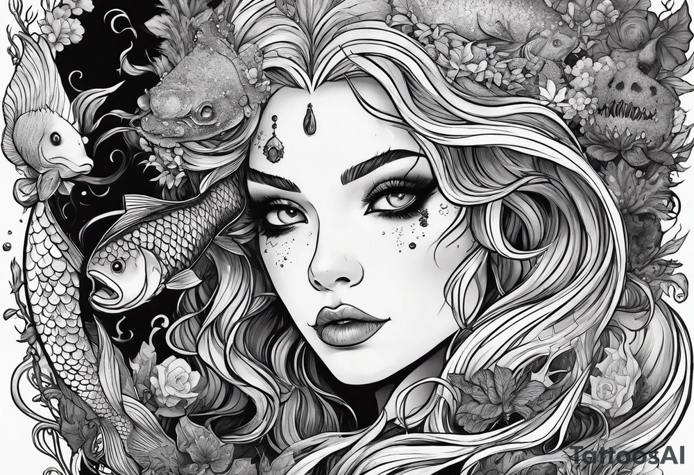 Swamp mermaid, ugly, creepy, undead, moss, fishlike, minimalist, hairless black and white tattoo tattoo idea