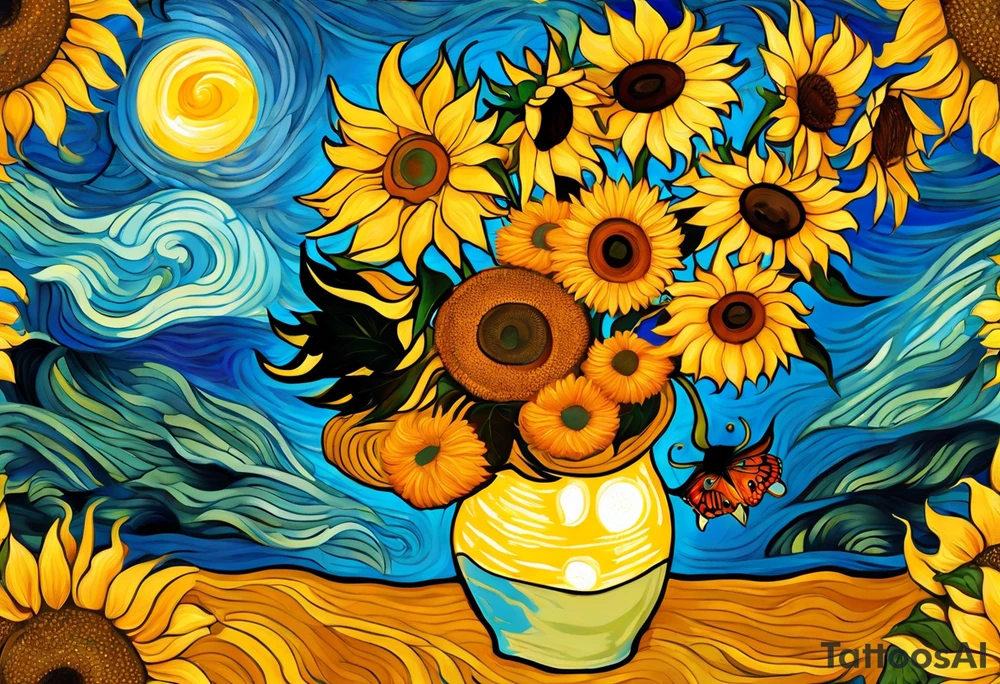 Sunflowers, full moon, blue morpho butterflies cross tattoo idea