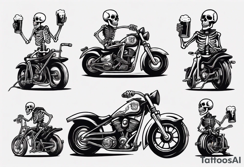 A skeleton on a motorcycle drinking a beer tattoo idea