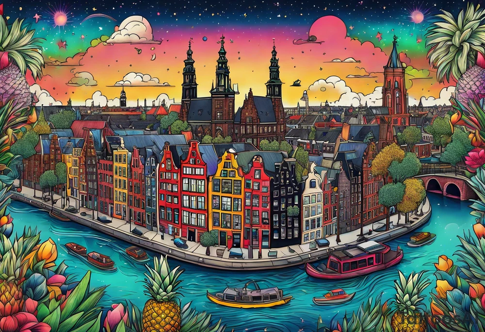 glass animals featuring colours of the universe and galaxies and pineapples in amsterdam city featuring Amsterdam buildings and canal tattoo idea