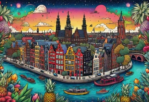 glass animals featuring colours of the universe and galaxies and pineapples in amsterdam city featuring Amsterdam buildings and canal tattoo idea