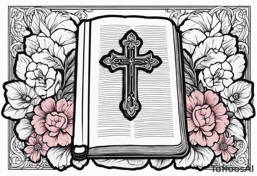 front of bible with cross on bible surrounded by flowers tattoo idea