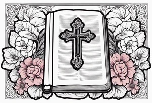 front of bible with cross on bible surrounded by flowers tattoo idea
