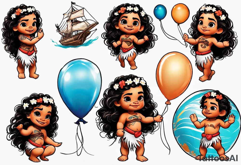 baby moana holding balloons tattoo idea