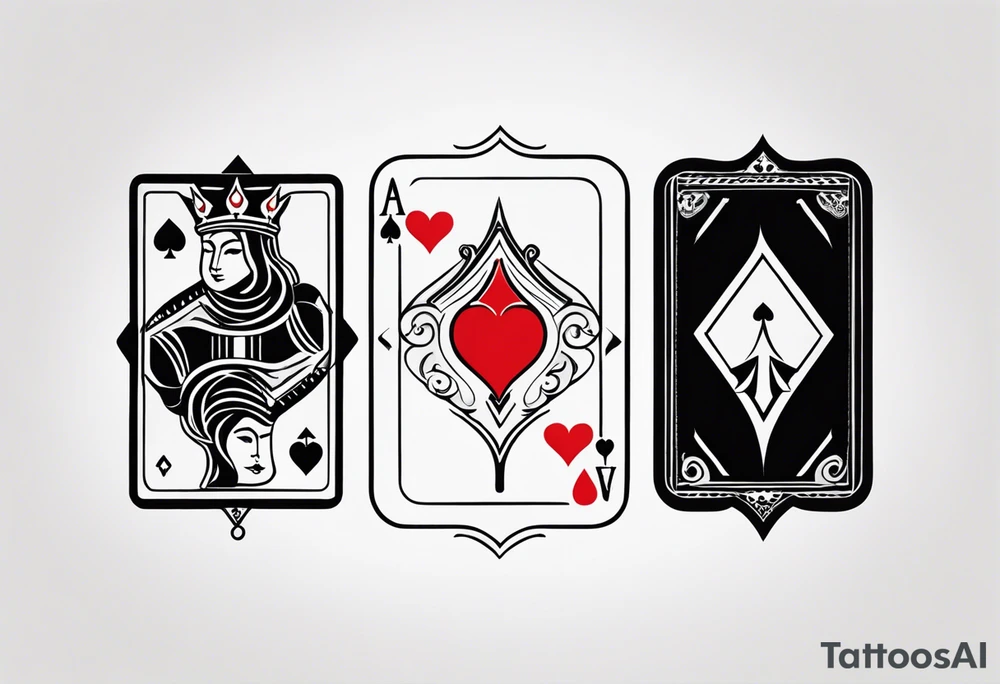 one combined tatto in minimalistic style with icon style three king of spades and icon style one queen of hearts. extreme minimalstic and few lines. much more minimlastic and fewer lines tattoo idea
