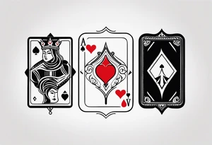 one combined tatto in minimalistic style with icon style three king of spades and icon style one queen of hearts. extreme minimalstic and few lines. much more minimlastic and fewer lines tattoo idea