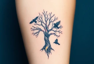 The Tree of Life, color infused, ravens flying around it, tattoo idea