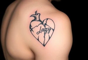 upper arm tattoo -broken heart of a deceased best friend with the name Jazy incorporated tattoo idea