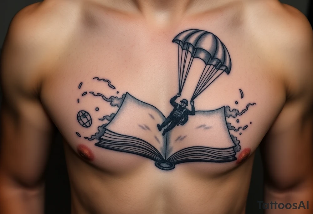 A parachuting soldier falling into an open book. Chaos surrounding, but the book is protecting the soldier from it. On the chest. Make the tattoo smaller. Make it thought provoking. Make the chaos in the environment be an eerie mist. Make the pages in the book be blank. Just one soldier, no other characters. the book is old. tattoo idea