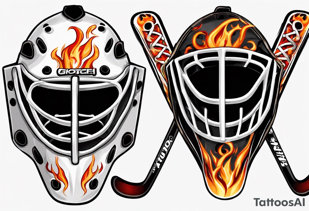 a goalie mask with crossed hockey sticks and flames "SHOT HOCKEY" tattoo idea