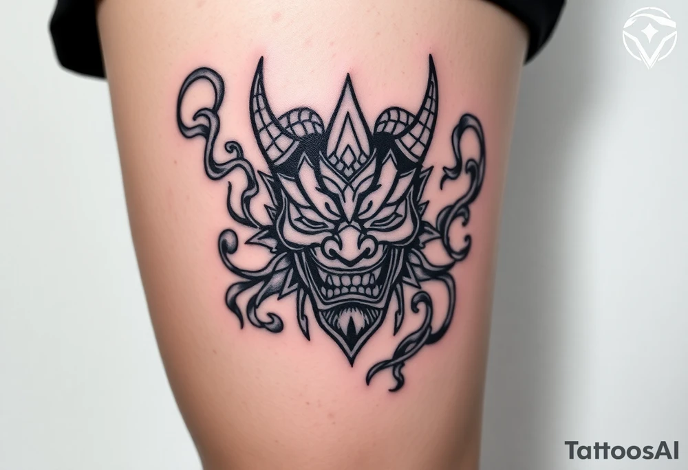 Oni mask surrounded by smoke tattoo idea