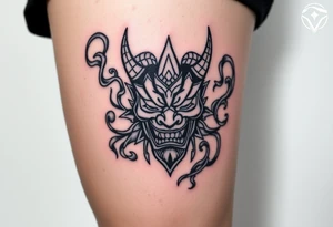 Oni mask surrounded by smoke tattoo idea