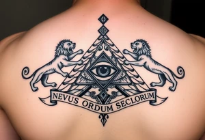 Pyramid with eye in the center, diamond on the top,lions on corners,surrounded by words - novus ordum seclorum tattoo idea