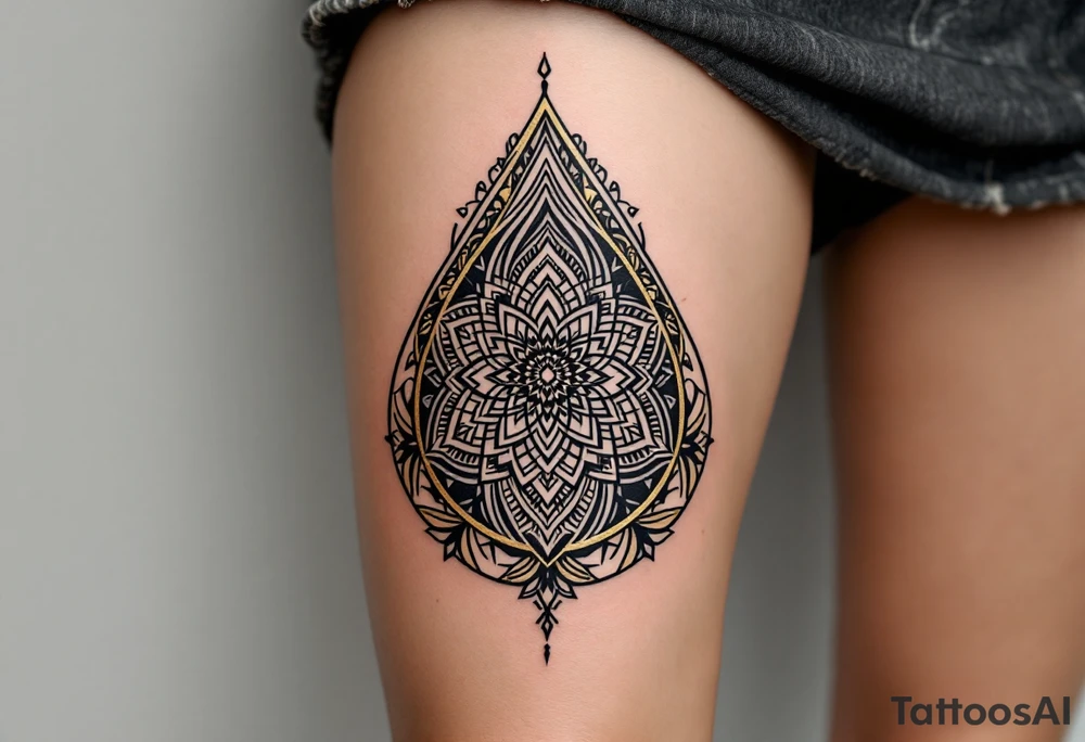 A bold geometric teardrop with intricate mandala designs inside, with deep black outlines and subtle gold accents around the outer edges. The contrast of black and gold emphasizes strength, symmetry, and inner peace. tattoo idea