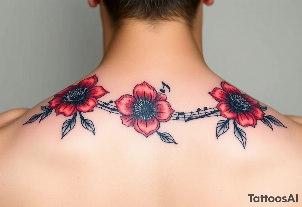 Red flowers with black music notes tattoo idea