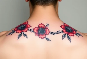Red flowers with black music notes tattoo idea