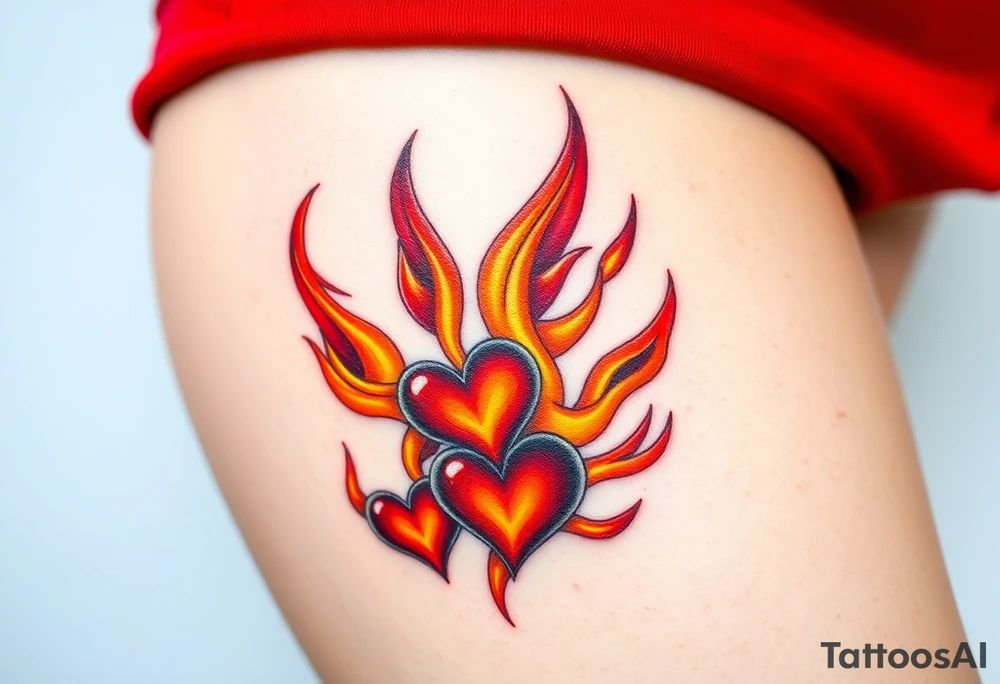 A fiery bird paw print with hearts engulfed in flames, using shades of red, orange, and yellow, symbolizing passion and energy tattoo idea