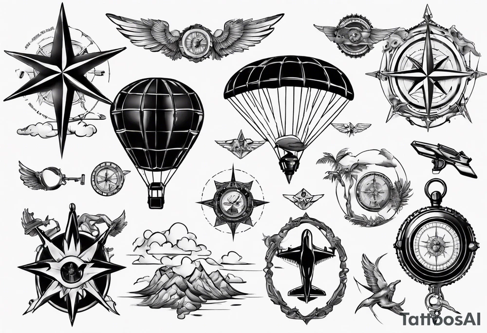 wonderlust with compass and skydiving and guns tattoo idea