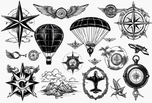 wonderlust with compass and skydiving and guns tattoo idea