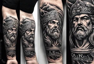 I want half sleeve tatto on the right arm 
With zeus and some thunder from his eyes, some text beside the zeus and  Temple of Olympian Zeus tattoo idea