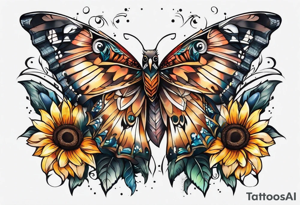 Owl, butterfly and sunflower are sleeve tattoo idea