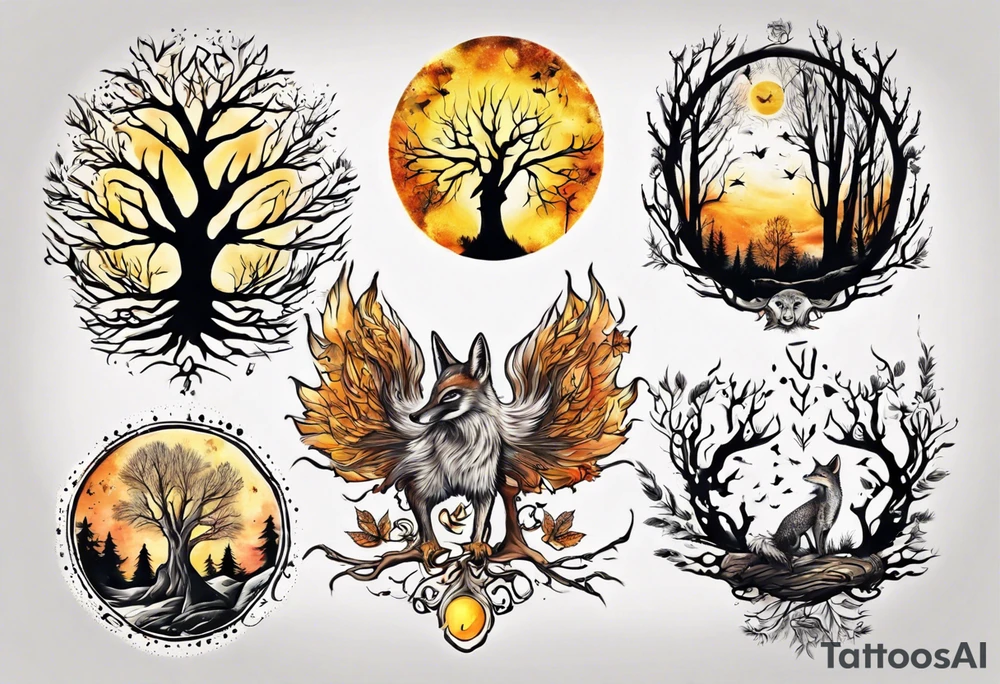 sonne, eule  wald, fuchs 
baum, sapere aude tattoo idea