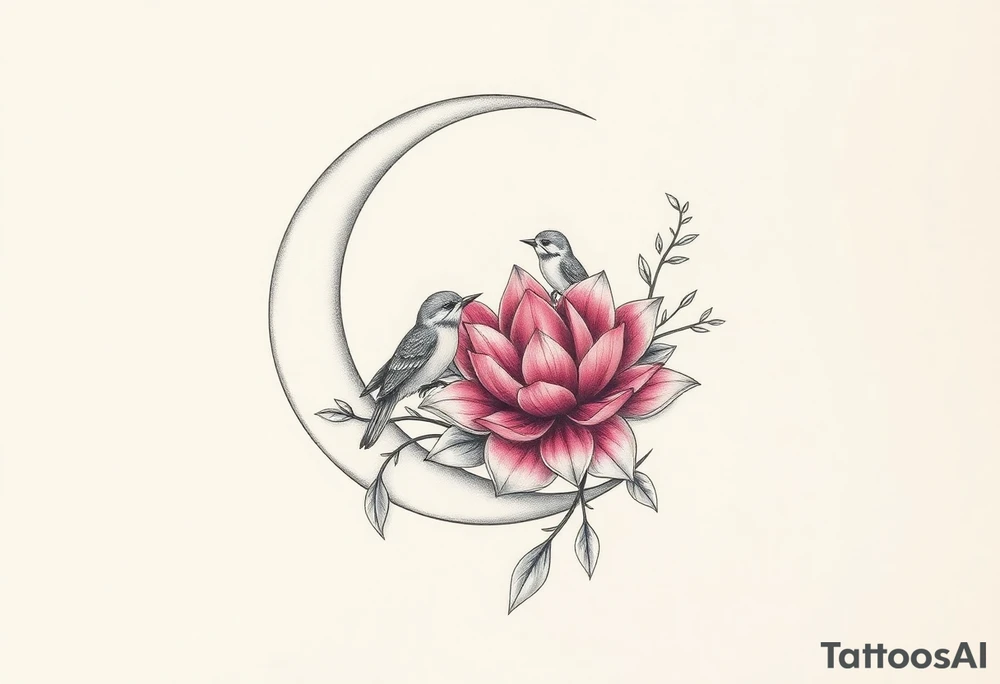 crescent floral moon with lotus flower and baby birds tattoo idea